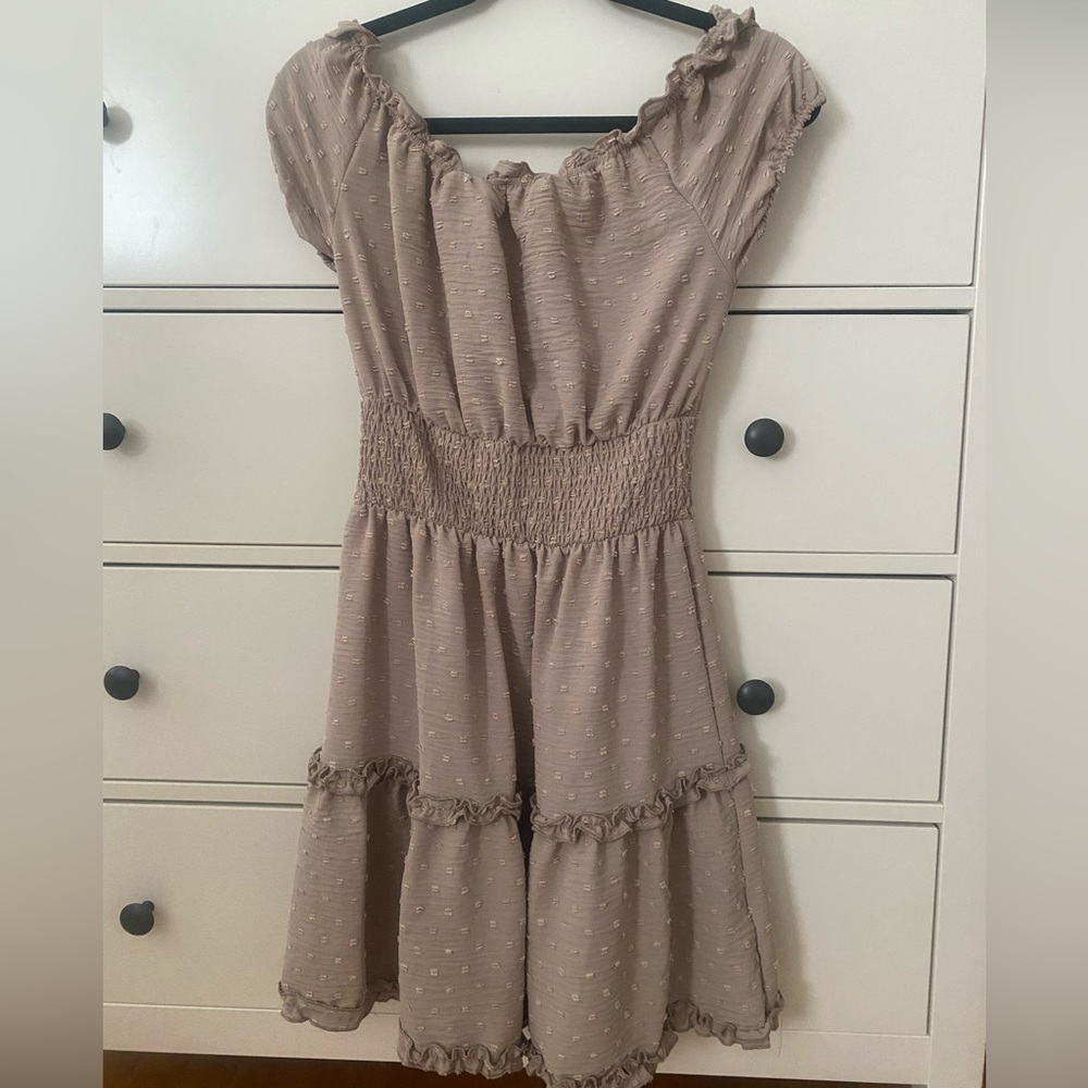 Faded Rise Polka Dotted Tan Small Mini Dress